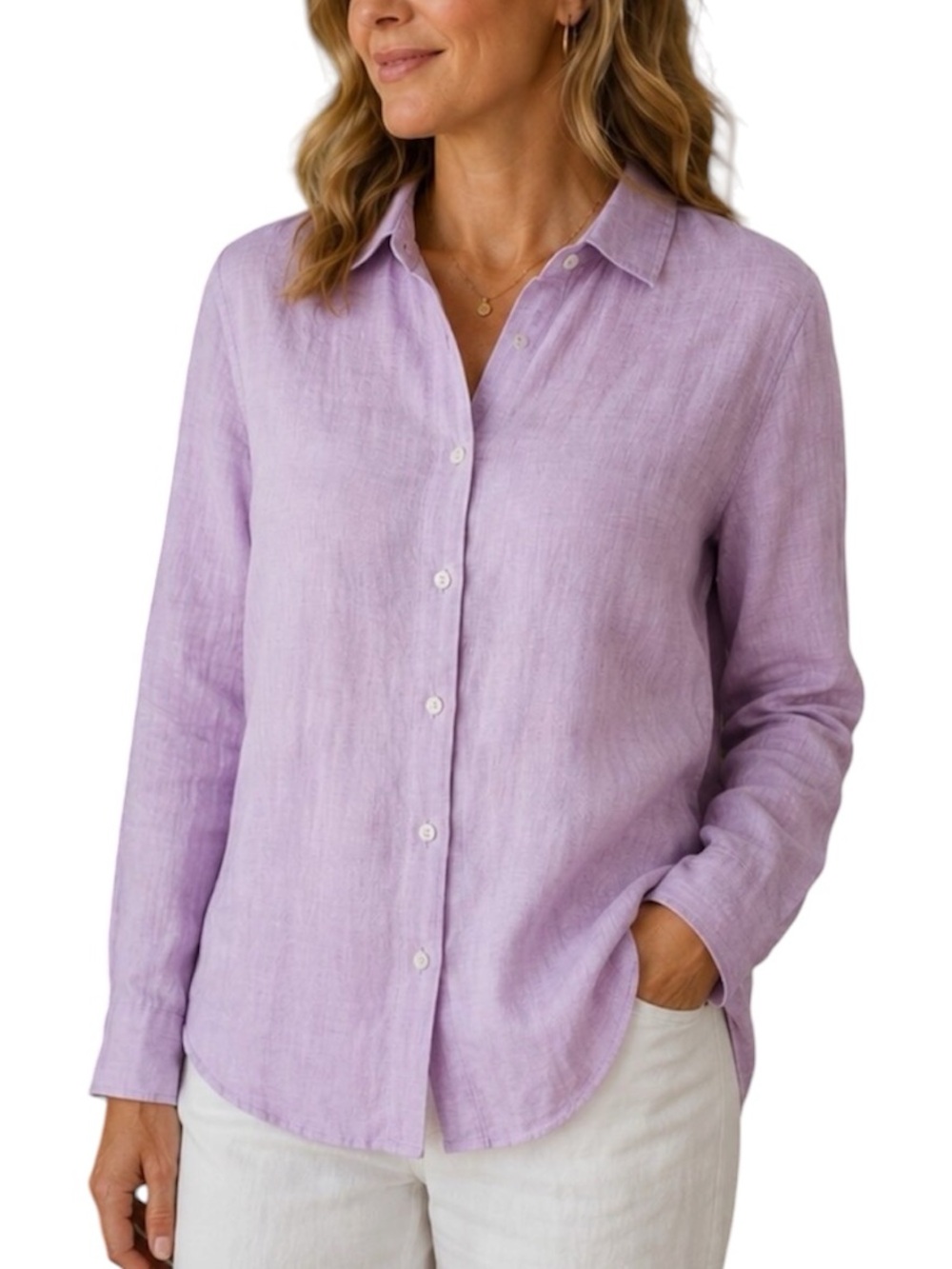 J McLaughlin Washable Linen Long Sleeve Button Down Shirt Womens Size 14 Purple